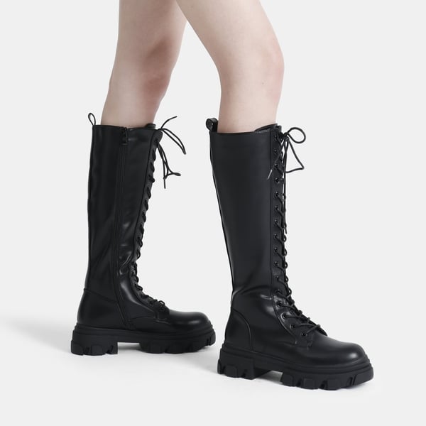 Lace Up Knee High Boots - BLACK PU - 1
